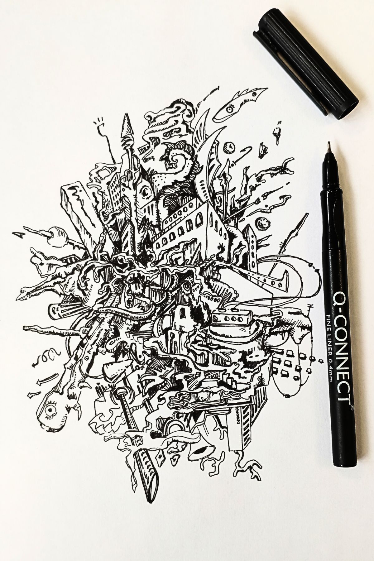 A visually engaging image perfect for the blog post titled "Overcoming Creative Block: The Power of Doodling." The image features a detailed black and white doodle titled "rupture" on a white sheet of paper, showcasing an intricate and imaginative design filled with abstract shapes and architectural elements. Positioned next to the doodle is a black fineliner pen with the cap off, highlighting the tools used in the creative process. This image beautifully illustrates the concept of using doodling to break through creative barriers and unleash artistic potential.