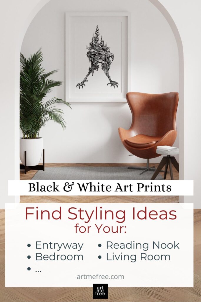 A stylish interior scene featuring a modern living space with a white archway framing the view. On the wall, there is a framed black and white art print titled "claws," depicting an abstract, intricate design resembling a mechanical creature with sharp, claw-like legs. The artwork is striking, adding a focal point to the room. Below the print, there's a sleek leather chair with a warm brown hue, offering a cozy reading nook vibe. A potted plant with lush green leaves adds a touch of nature to the space. The floor has a light wood texture, enhancing the clean and modern aesthetic. Text overlay at the bottom of the image reads: "Black & White Art Prints" and "Find Styling Ideas for Your: Entryway, Bedroom, Reading Nook, Living Room... artmefree.com" with the artmefree logo at the bottom center.