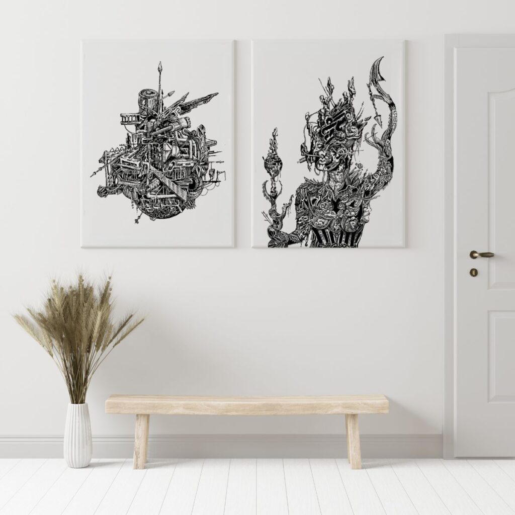 goddess and charged canvas wall art set displayed side by side in a minimalist room with neutral decor, featuring intricate black ink drawings that blend mythological elements and industrial motifs, adding an artistic focal point to home interiors.