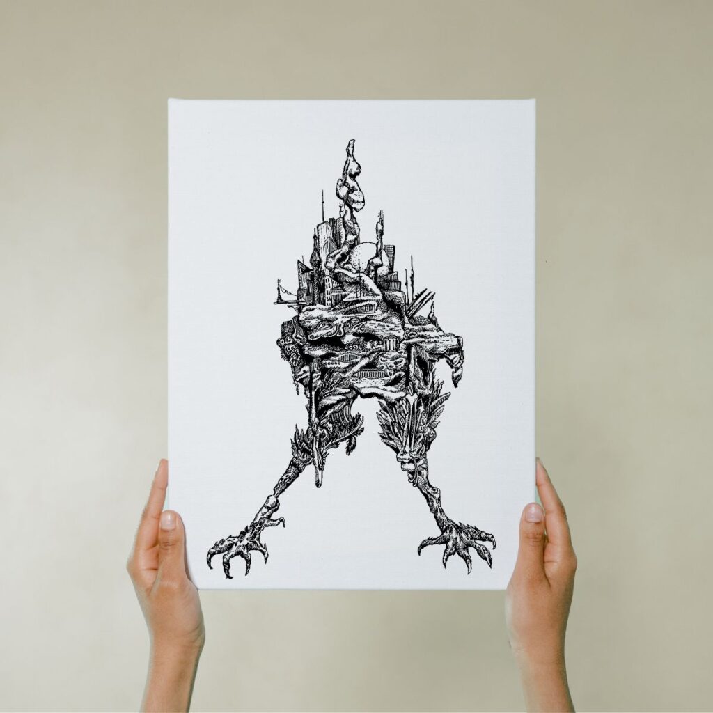 Hands holding the claws canvas art, highlighting its size and the precise ink detailing of a creature's form, perfect for art enthusiasts looking to enhance their home with distinctive artwork.