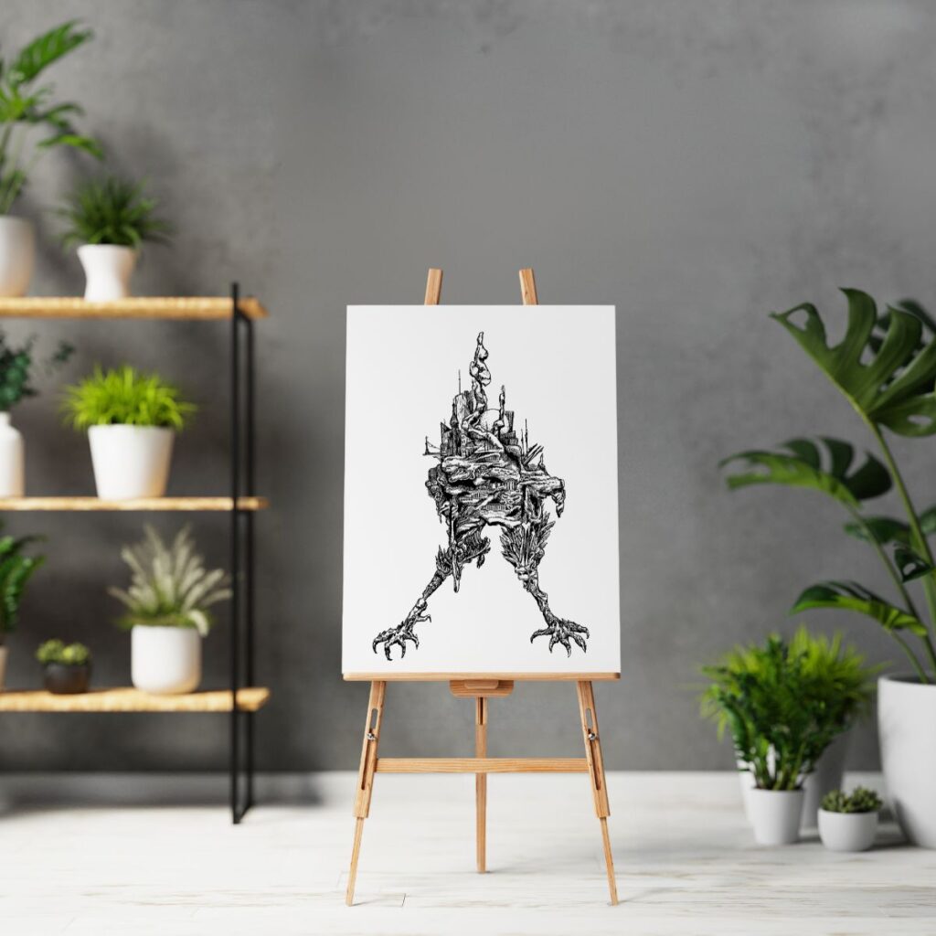 claws canvas art set on a wooden easel in a bright room with plants, emphasizing its complex composition and creative design, ideal as a unique addition to modern home or office decor.