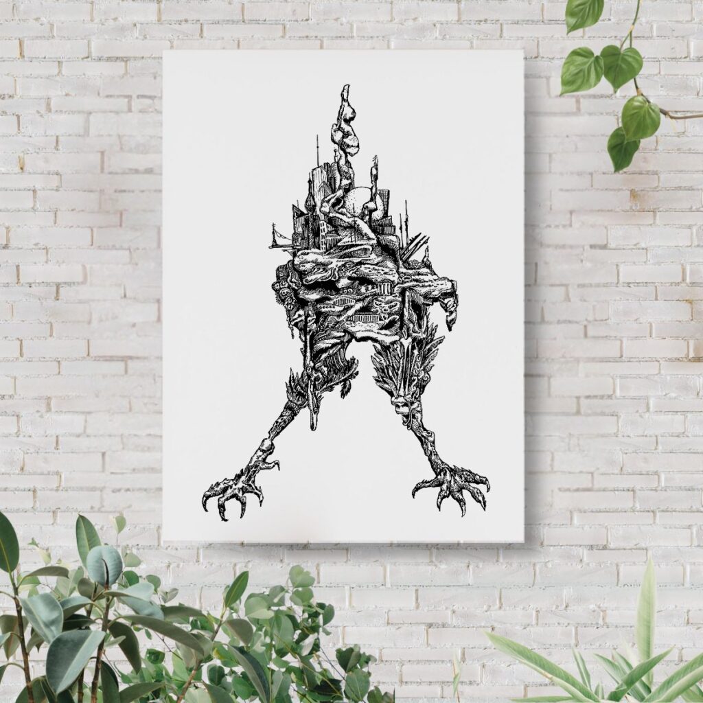 claws canvas wall art displayed against a white brick wall, surrounded by greenery, blending the detailed drawing's intricate patterns with natural home elements for a striking visual effect.