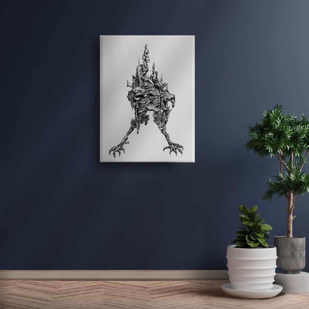 claws canvas wall art displayed against a dark blue wall, featuring intricate black ink details that resemble a creature with city-like structures on its back, adding a bold artistic statement to modern home decor.