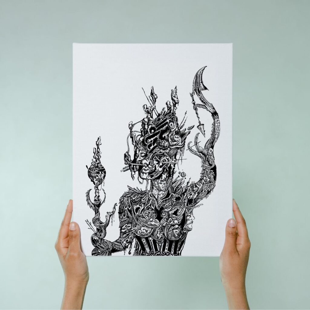 Hands holding the goddess canvas art, highlighting its size and the detailed linework with hidden elements, ideal for home offices or gallery walls.