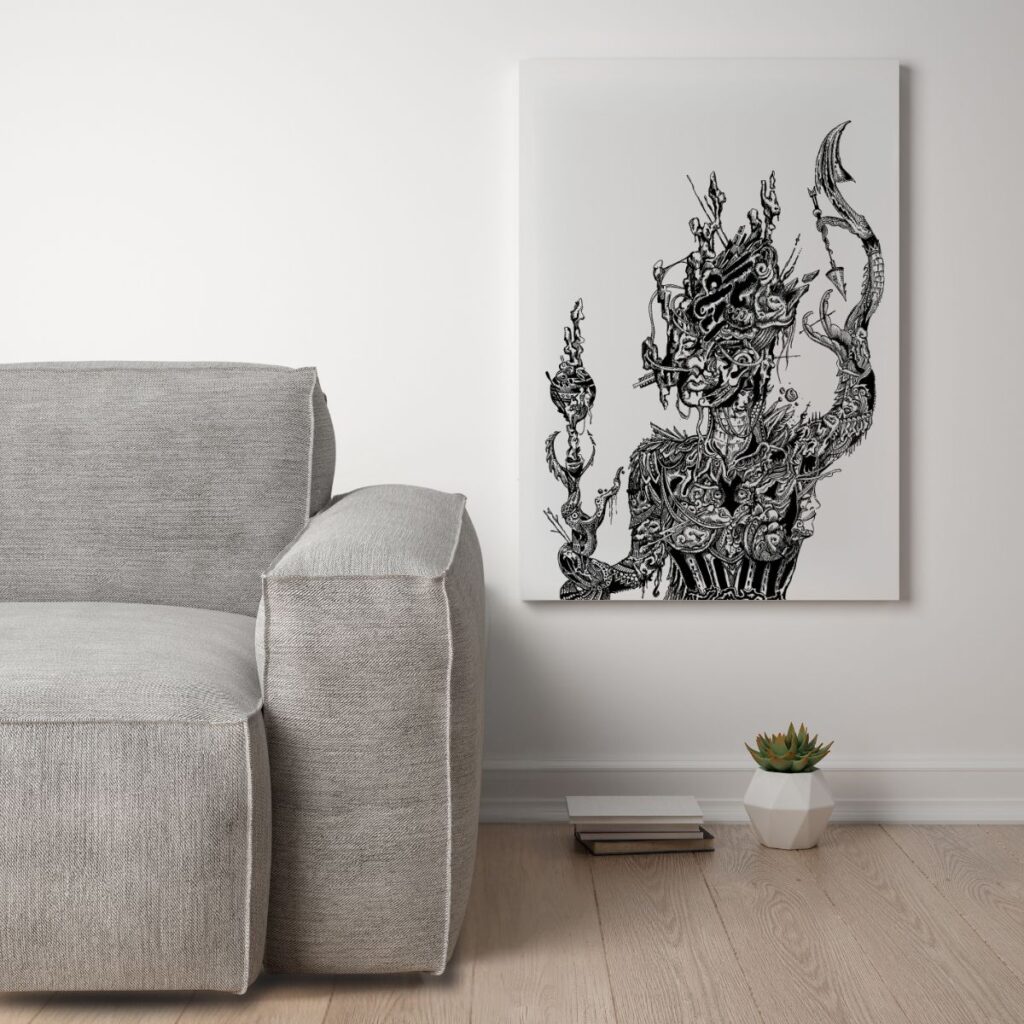 goddess canvas wall art hanging on a wall next to a modern grey sofa in a contemporary home, adding character and a bold artistic vibe.