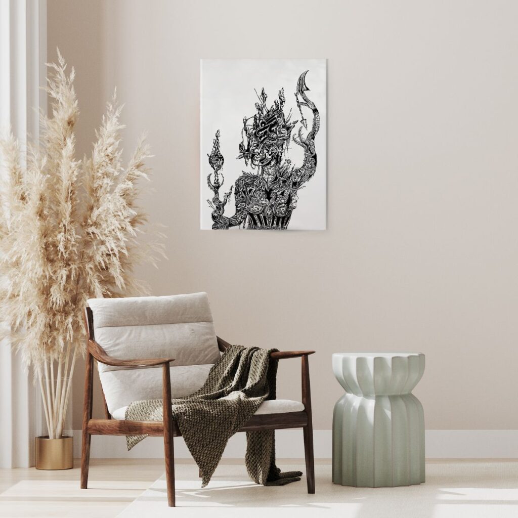 goddess canvas wall art hanging above a cozy chair in a modern living room with neutral decor, adding a unique artistic touch to the home space.