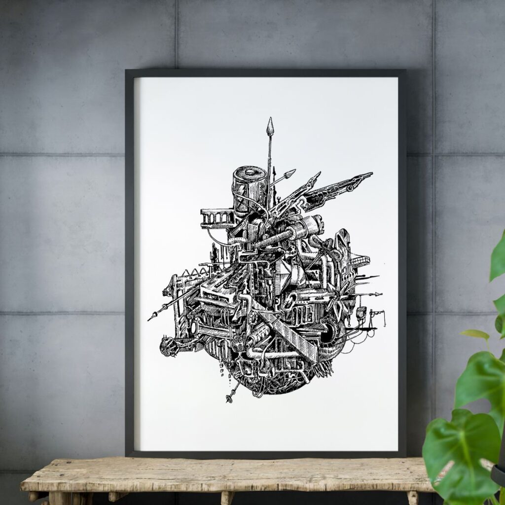 art poster "charged" displayed on a rustic wooden bench against a concrete wall, surrounded by greenery, blending industrial and natural decor styles.