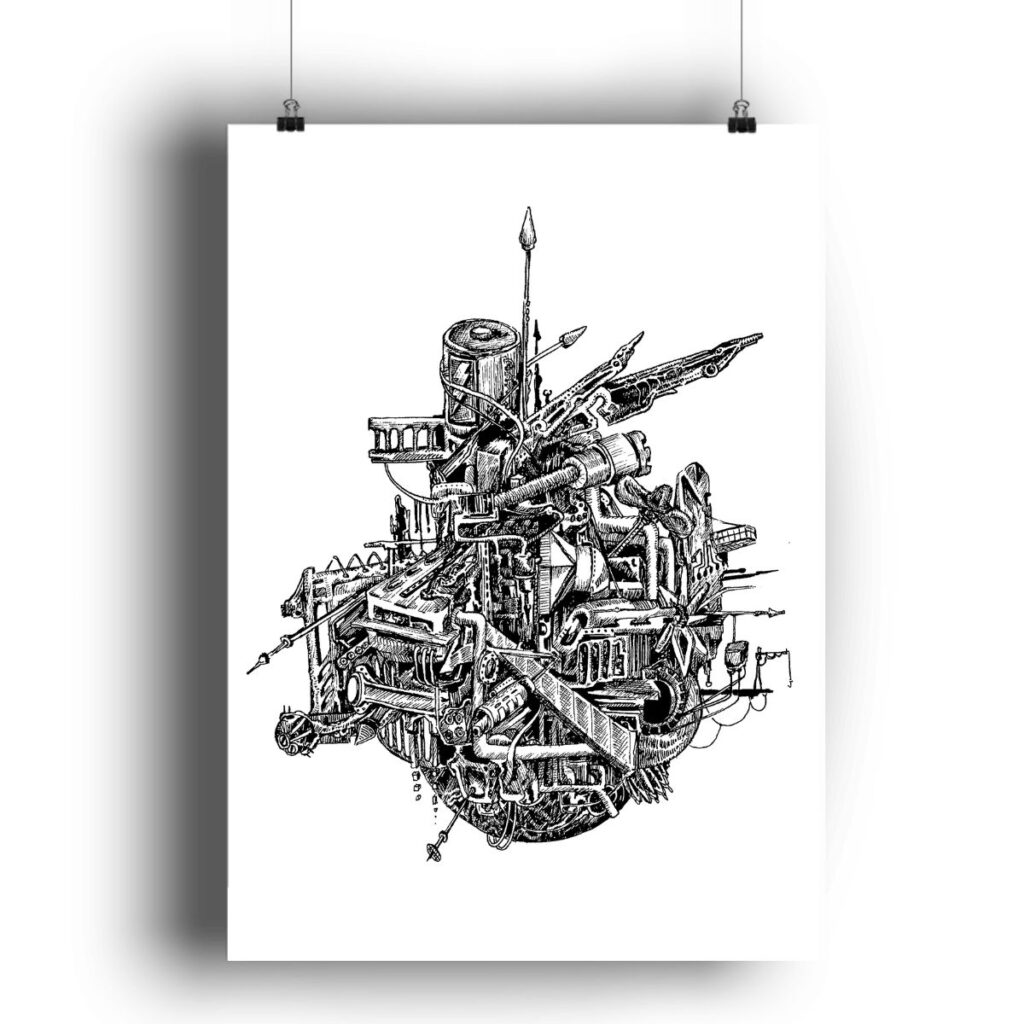 Art poster "charged" hanging on a white wall, featuring detailed machinery-inspired black-and-white artwork, perfect for adding a modern touch to any room.