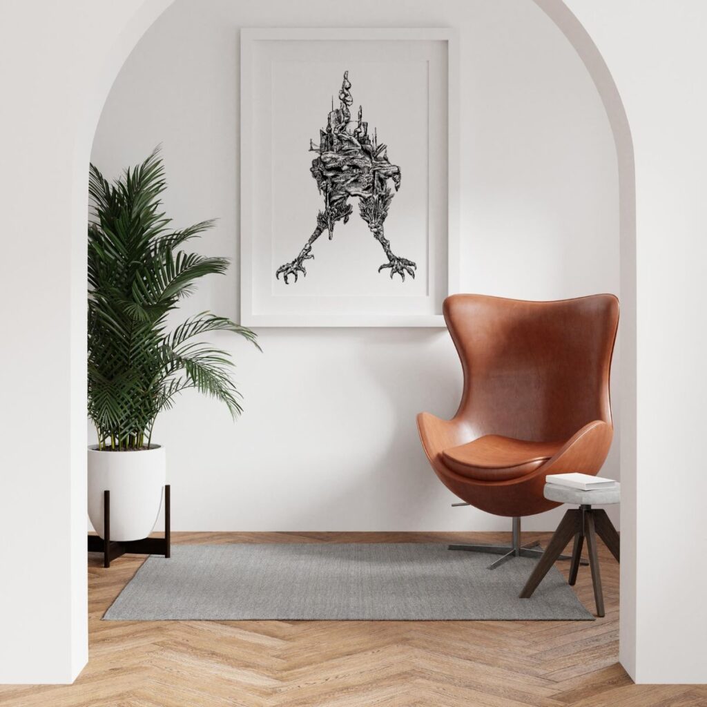 Framed "claws" art print displayed in a modern interior with a brown leather chair, a grey rug, and greenery, adding a bold, artistic touch to the space.