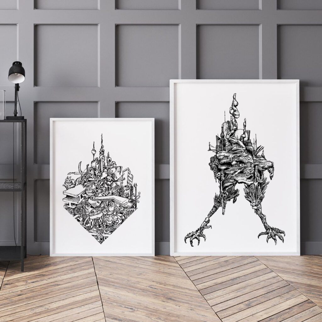 Two framed art pieces, including the artmefree designs with modern industrial vibes, styled against a paneled grey wall for a modern, artistic look in the living room.