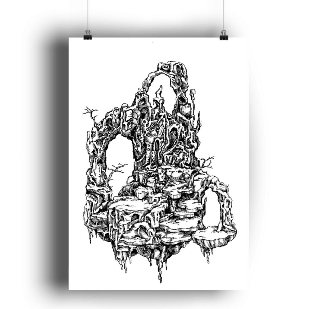 "Cliffs" poster hanging on a white wall, showcasing intricate black-and-white details of a surreal, floating landscape, ideal for modern decor.