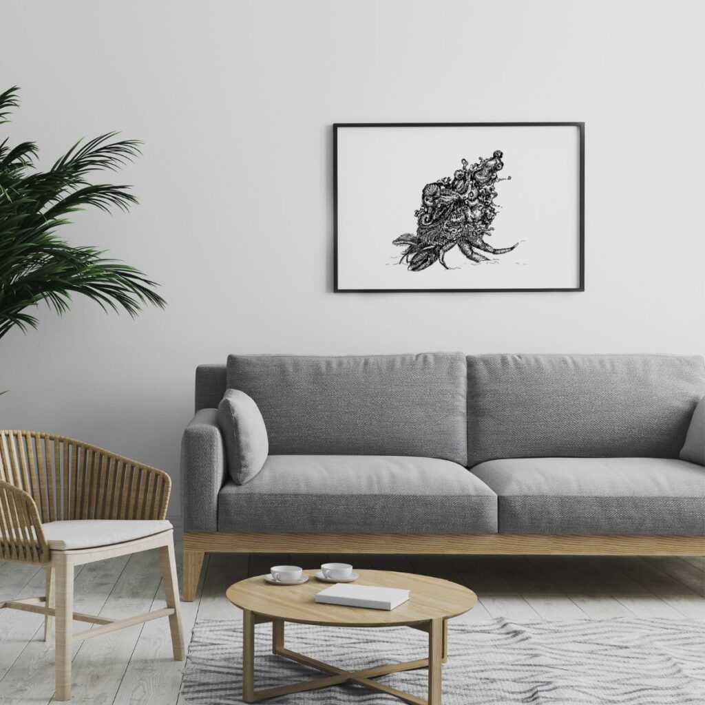 "coming home" art print framed and displayed in a minimalist living room, creating a tranquil, seaside-inspired ambiance with its hermit crab design.