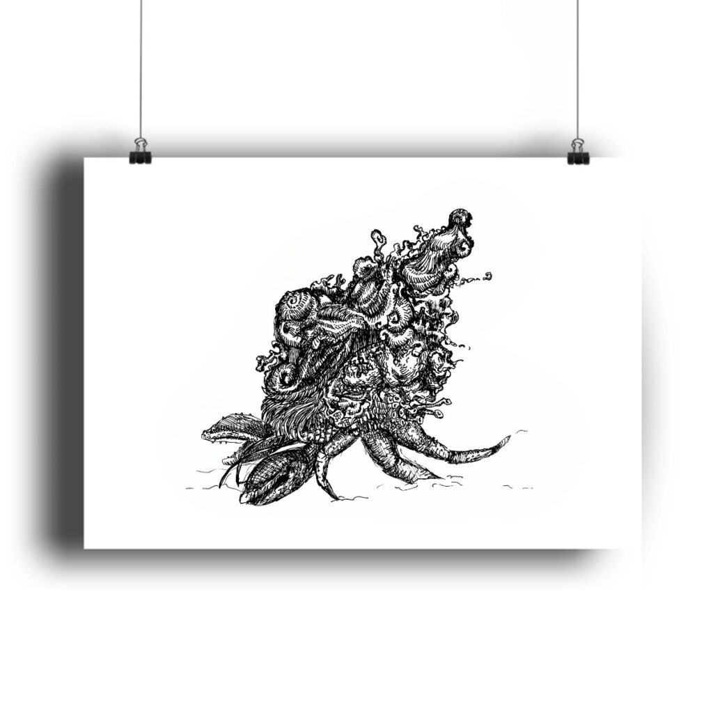 artmefree's "coming home" poster hanging on a white wall, featuring a whimsical black-and-white illustration of a hermit crab, ideal for creating a relaxed, beachy atmosphere.