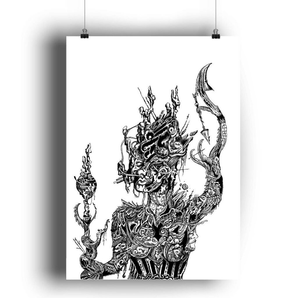 "goddess" poster hanging on a white wall, featuring a complex, black-and-white illustration of a mythical figure, perfect for adding a mystical touch to any space.