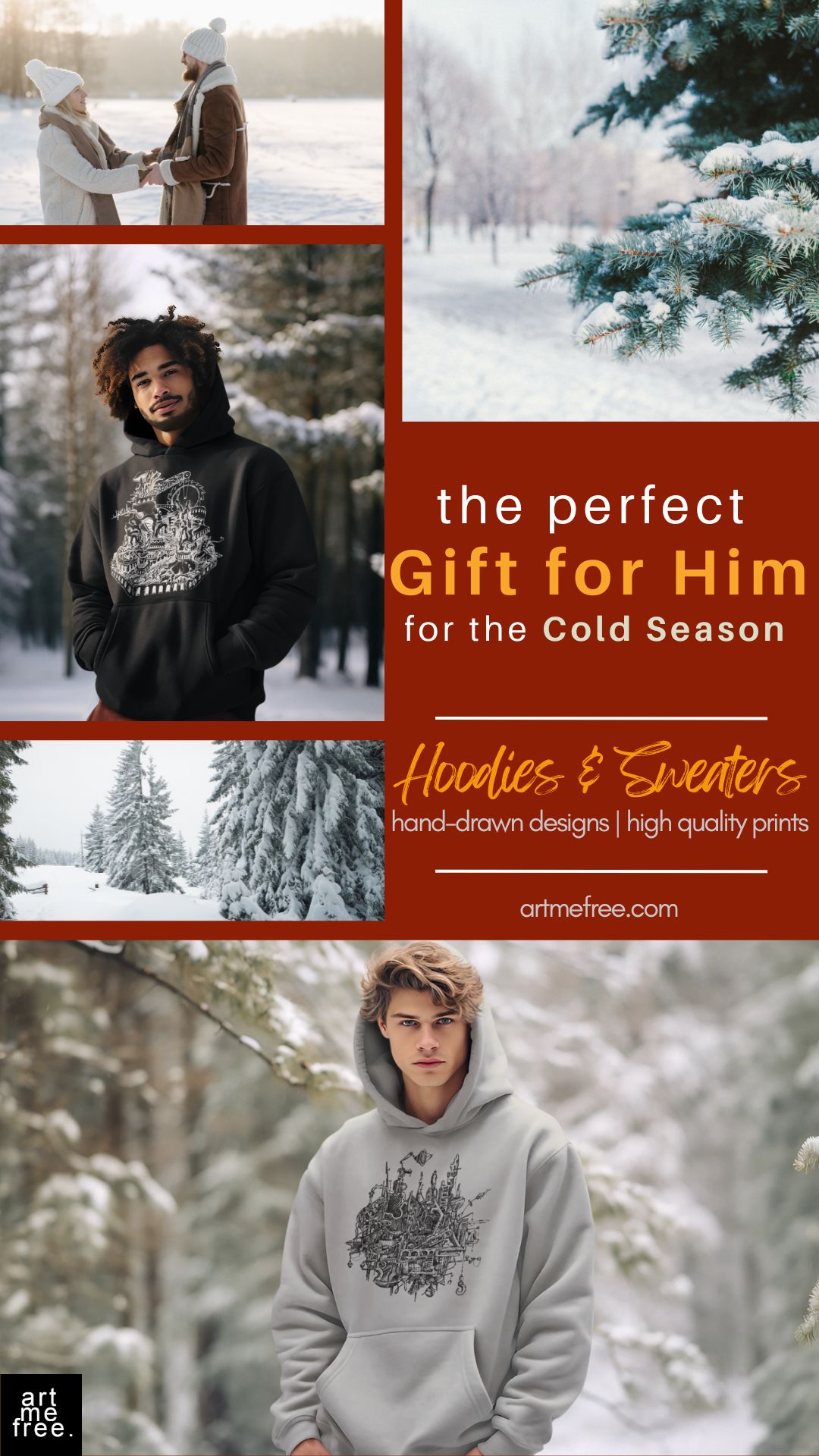 Man in a black hoodie with intricate hand-drawn design, standing in a snowy forest. The perfect cozy gift for him during the cold season, with imagery of winter landscapes and a couple enjoying the snow