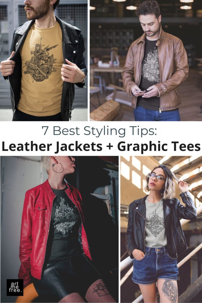 collage of leather jacket outfits for men and women