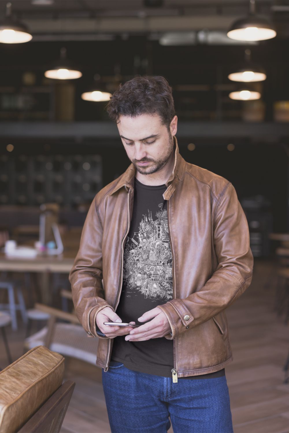 casual look with brown leather jacket