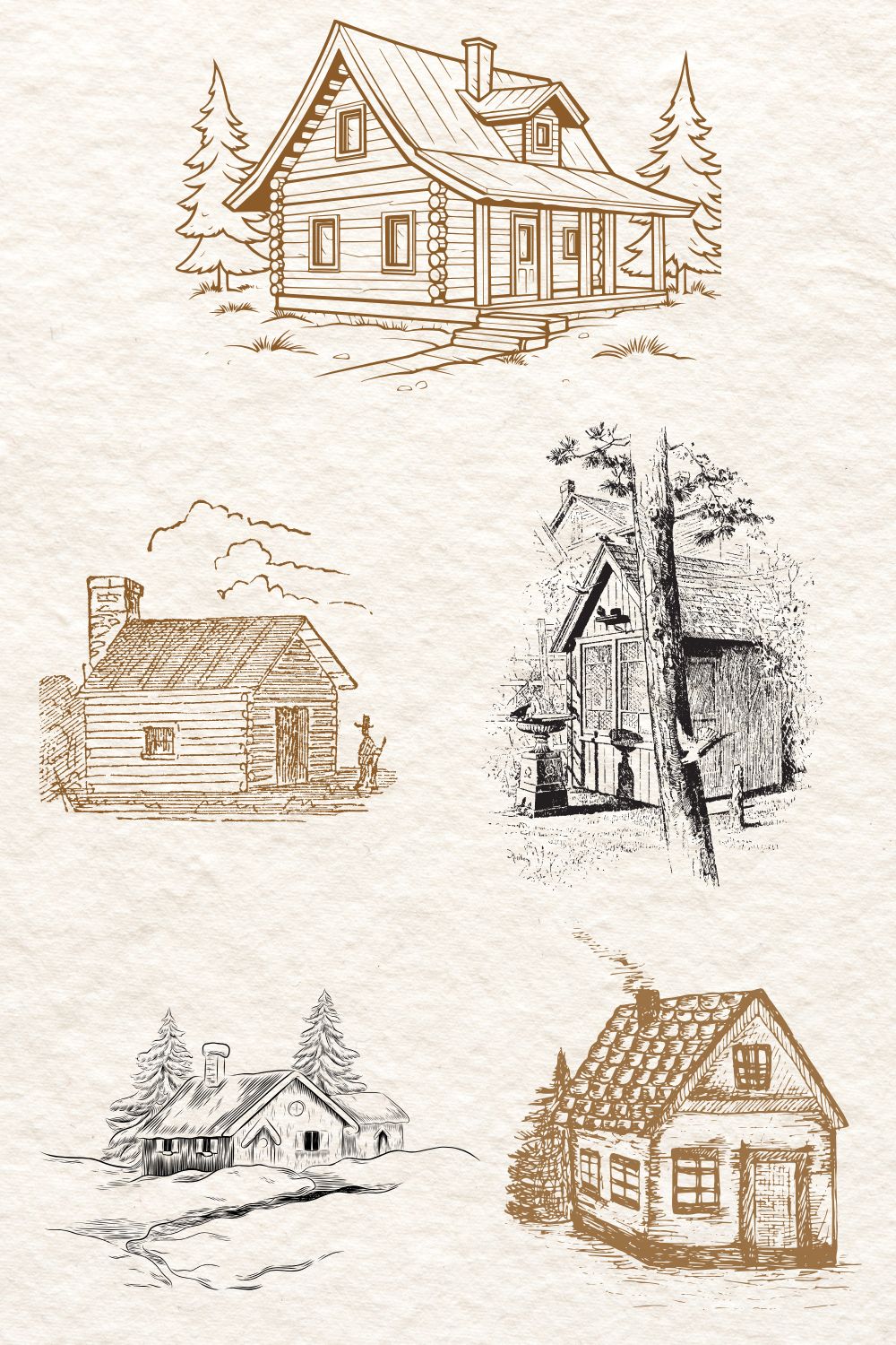 drawing of cabin in the woods in fall