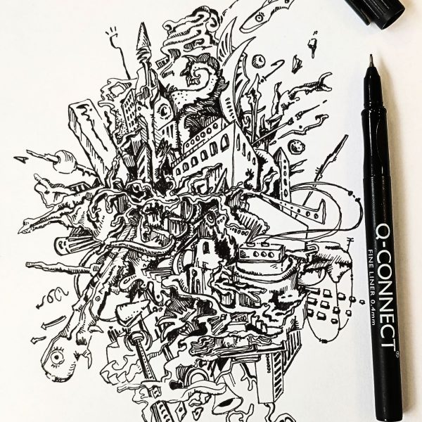 A visually engaging image perfect for the blog post titled "Overcoming Creative Block: The Power of Doodling." The image features a detailed black and white doodle titled "rupture" on a white sheet of paper, showcasing an intricate and imaginative design filled with abstract shapes and architectural elements. Positioned next to the doodle is a black fineliner pen with the cap off, highlighting the tools used in the creative process. This image beautifully illustrates the concept of using doodling to break through creative barriers and unleash artistic potential.