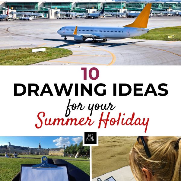 A dynamic collage capturing the essence of travel and creativity, perfect for your summer holiday inspiration. The top section features an airport with airplanes in action—one taking off and another on the runway—illustrating the beginning of an adventure. The bottom part highlights two different sketching scenarios: on the left, a person is doodling intricate designs while lounging on the grass near a magnificent palace under a sunny sky; on the right, another individual is engaged in doodling at the beach, with the sand and sea providing a serene backdrop. The text in the middle reads: "10 DRAWING IDEAS for your Summer Holiday," referring to a blog post about unleashing your creativity during travels. The artmefree logo is placed at the bottom center.