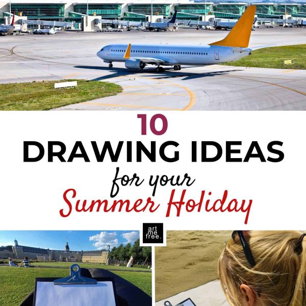 A dynamic collage capturing the essence of travel and creativity, perfect for your summer holiday inspiration. The top section features an airport with airplanes in action—one taking off and another on the runway—illustrating the beginning of an adventure. The bottom part highlights two different sketching scenarios: on the left, a person is doodling intricate designs while lounging on the grass near a magnificent palace under a sunny sky; on the right, another individual is engaged in doodling at the beach, with the sand and sea providing a serene backdrop. The text in the middle reads: "10 DRAWING IDEAS for your Summer Holiday," referring to a blog post about unleashing your creativity during travels. The artmefree logo is placed at the bottom center.