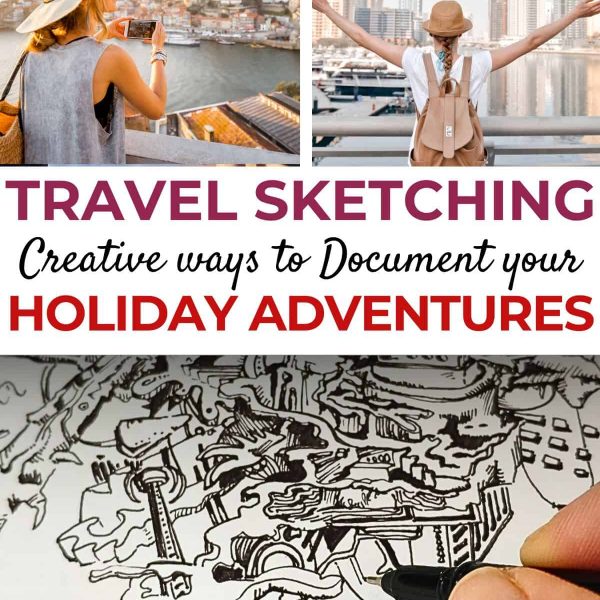 A vibrant collage featuring travel-themed images and a close-up of a hand drawing intricate sketches. The top half of the image showcases two travel scenes: on the left, a woman in a sunhat capturing a picturesque cityscape with her phone, and on the right, a woman with outstretched arms embracing a stunning urban skyline. Both images evoke a sense of adventure and exploration. The bottom half highlights a detailed pen sketch, with the hand in the process of drawing, emphasizing the theme of travel sketching. Text overlay in the center reads: "TRAVEL SKETCHING Creative ways to Document your HOLIDAY ADVENTURES," with the artmefree logo at the bottom center.