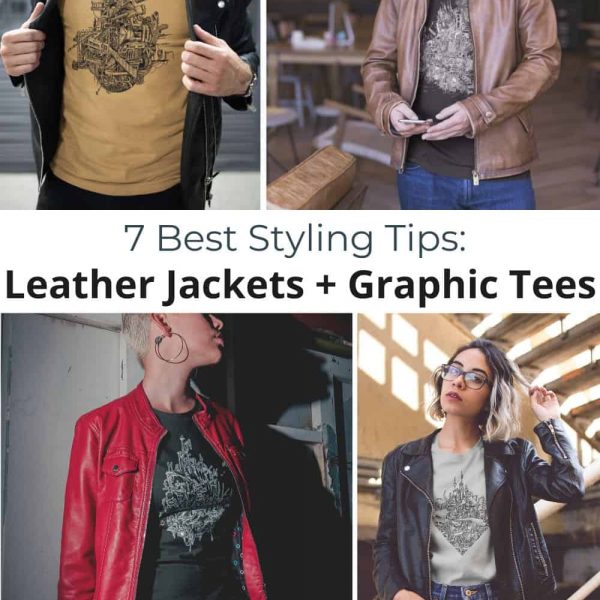 collage of leather jacket outfits for men and women