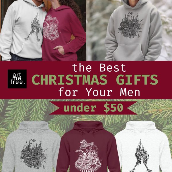 Three men’s hoodies are displayed, featuring intricate hand-drawn designs in black ink. One couple is wearing the designs: the woman wears a maroon hoodie and the man, a white one. Another model, standing outdoors in a snowy forest, wears a gray hoodie. The text highlights these as the "Best Christmas Gifts for Your Men under $50." Additional images of hoodies in light gray, maroon, and white are shown below. Background elements include a pine tree pattern and a dark red banner. The hoodies are promoted as unique, affordable gifts from artmefree.